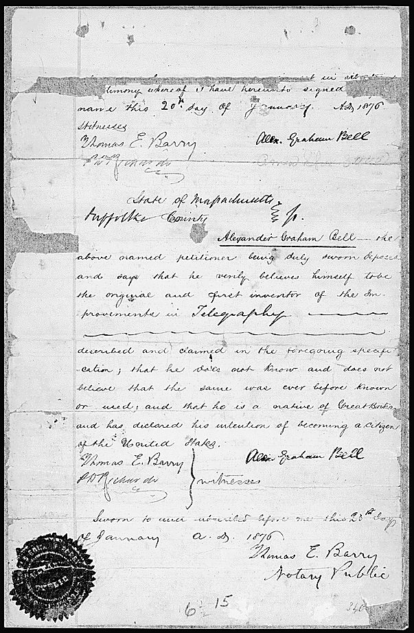 Patent drawing for Alexander Graham Bell's 1876 telephone, showing the transmitter and receiver apparatus.