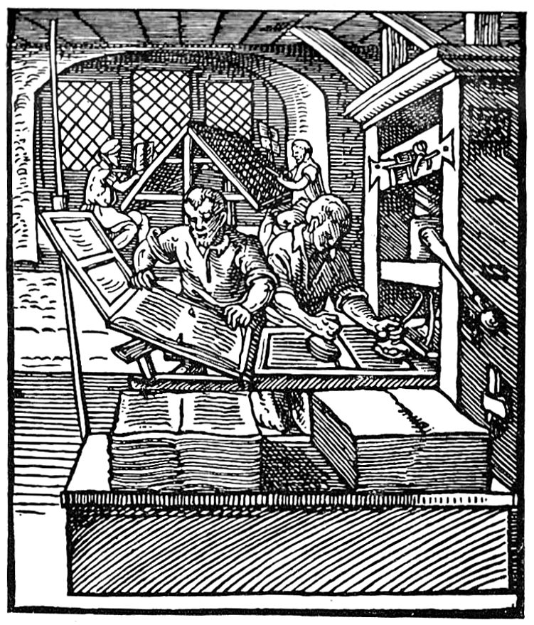 Woodcut of a 16th-century print shop: one printer works the screw press while another inks the type.